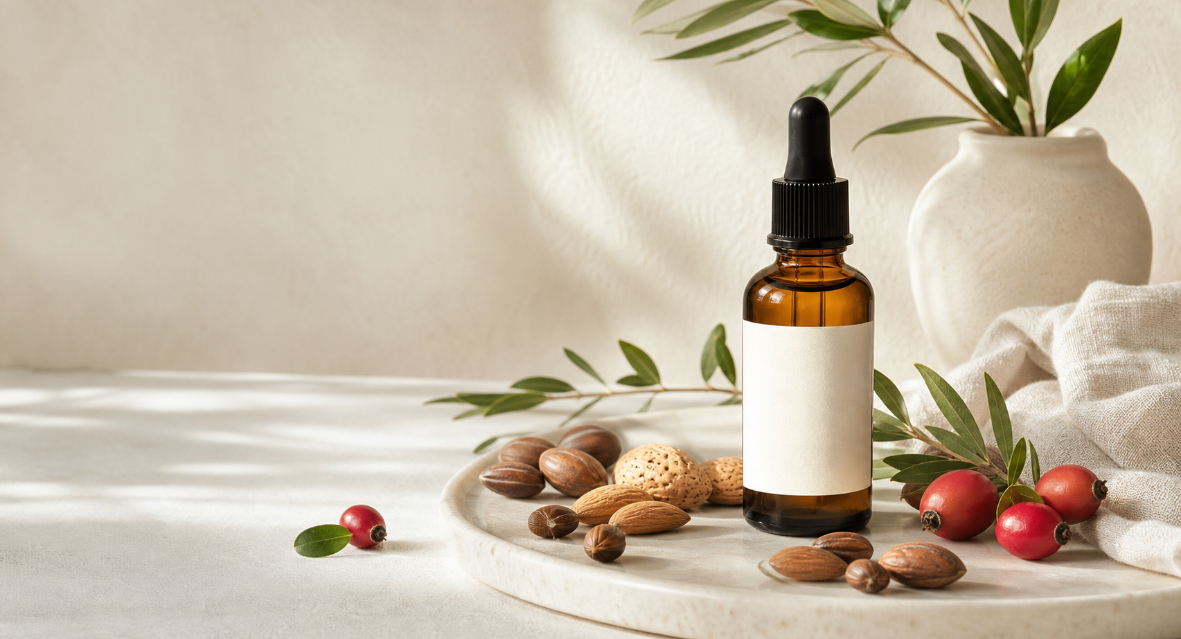 Amber glass facial oil serum bottle with botanical oils and natural ingredients